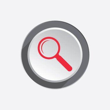 Yakınlaştırma aracı simgesi. Büyüteç cam işareti. Arama ve gezinme sembolü. Kırmızı siluet üstünde yuvarlak beyaz üç boyutlu düğme. İzole vektör