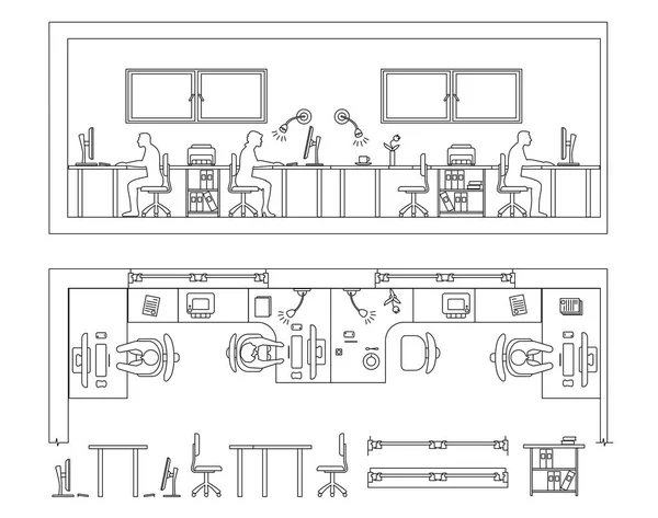 Conjunto arquitetônico de móveis. Elementos de design para o plano de chão, instalações. Ícones de linhas finas. Técnicas de escritório, mesas, equipamentos de computador flores pessoas. Tamanho padrão. Vetor isolado — Vetor de Stock