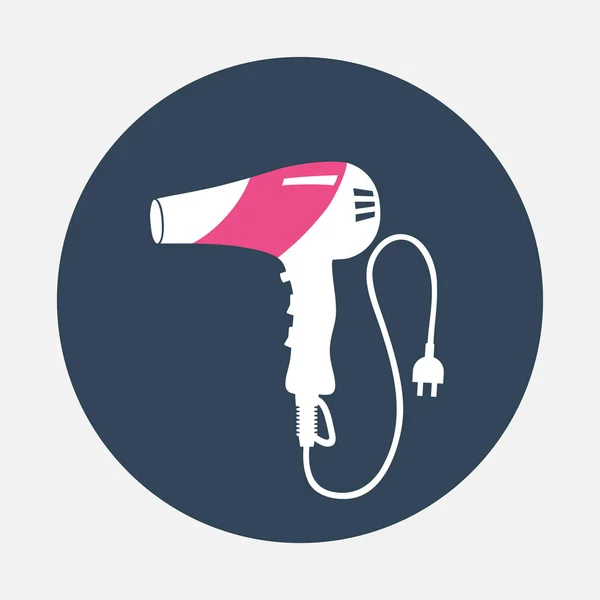 Hairdryer with cord, two pin plug icon. Household symbol. Magenta, white silhouette on gray round flat sign. Vector isolated — Stock Vector