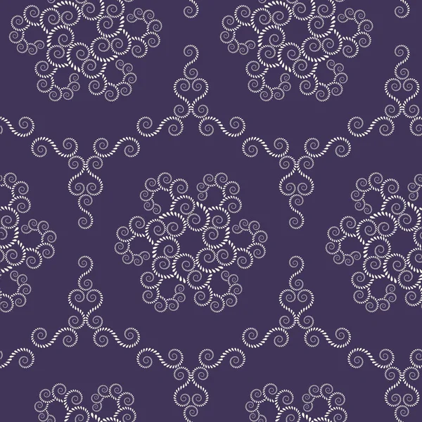 Nahtloses Spitzenmuster. Jahrgang, Spirale, blumige Textur. Wirbelornamente aus Lorbeerblättern. helle Figur auf dunklem Hintergrund. violette Farbe. Vektor — Stockvektor