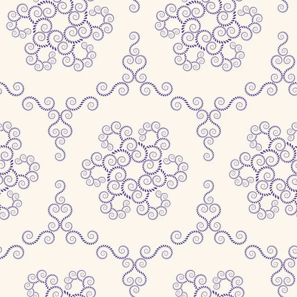 Nahtloses Spitzenmuster. Jahrgang, Spirale, blumige Textur. Wirbelornamente aus Lorbeerblättern. dunkle Figur auf hellem Hintergrund. violette Farbe. Vektor — Stockvektor