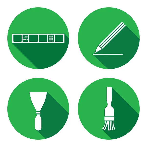 Tool icons set. Spattle, brush, surfacer, plastering instrument. Painting device. Work, job, labour, toil, repair, building symbol. White sign on round button with long shadow. Vector isolated — Stock Vector