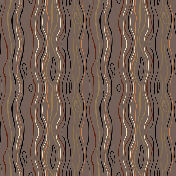 Patrón de la naturaleza a rayas sin costuras. Líneas onduladas estrechas verticales. Corteza, ramas de árboles, textura del tema del bosque tropical. Fondo marrón, gris, naranja, de color negro. Vector — Vector de stock