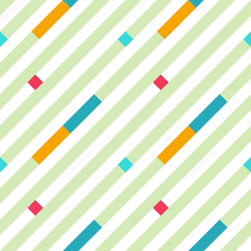 Seamless geometric stripy pattern. Texture of diagonal strips. Bright red, blue, yellow rectangles and green lines on white background. Baby, children colored. Vector