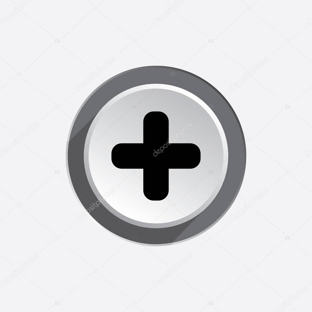 Plus sign icon. Positive symbol. Zoom in. Black silhouette on round white three dimensional button. Vector isolated