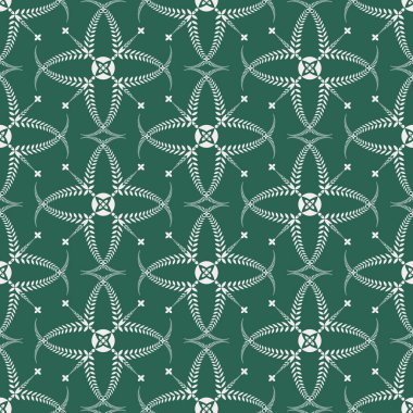 Din seamless modeli. Defne çelengi, dantel görünüm doku ile çapraz. Tören, cenaze arka plan. Stilize süs girdap. Beyaz, yeşil renkli. Vektör