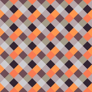 Seamless geometrik kontrol modeli. Çapraz kare, örgü, dokuma satır arkaplanı. Patchwork, rhombus, sendeleyerek doku. Turuncu, kahverengi, gri renkler. Kış Tema. Vektör