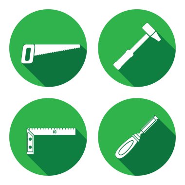 Aracı Icons set. Testere, çekiç, keski, açı. Onarım, ölçme aleti, düzeltme iş sembolü marangoz. Yuvarlak daire uzun gölge ile düz simgesi. Vektör