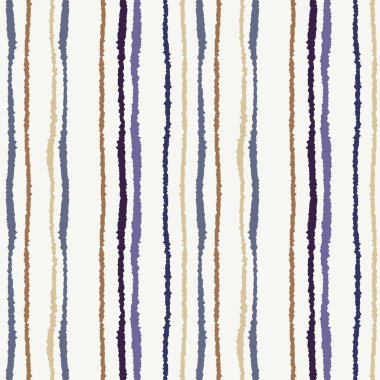 Sorunsuz şerit deseni. Dikey çizgiler yırtık kağıt etkisi ile. Kenar doku bile olmamalı. Beyaz, kahverengi, krem leylak renkli arka plan. Vektör