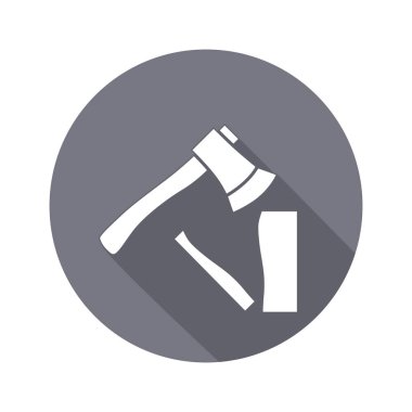 Aracı simgesi. Balta, hache enstrüman. İş, iş, emek, zahmet, onarım, düzeltme, Bina sembolü. Beyaz yuvarlak düğmesi uzun gölge ile oturum. İzole vektör