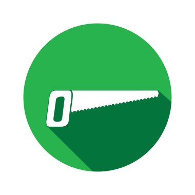 Aracı simgesi. Gördüm, dırdırcı enstrüman. İş, iş, emek, zahmet, onarım, düzeltme, Bina sembolü. Beyaz yuvarlak düğmesi uzun gölge ile oturum. İzole vektör