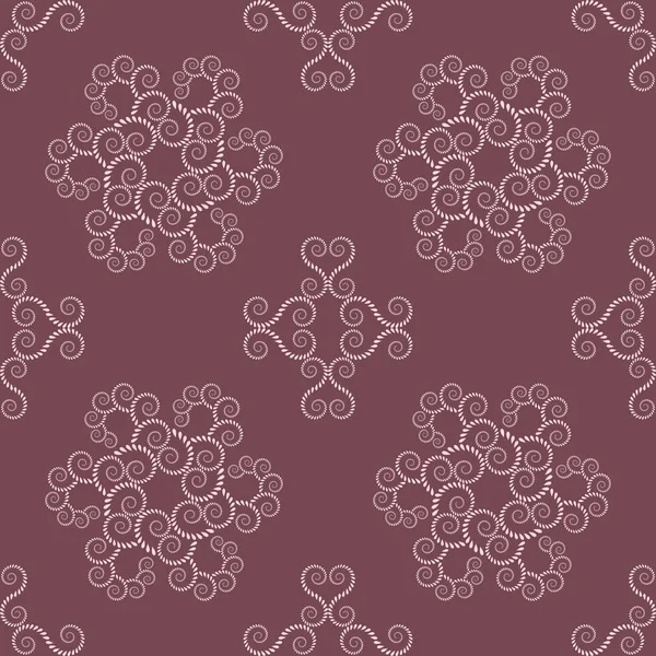 Spiralnahtloses Spitzenmuster. Vintage abstrakte Textur. Volutierte, wirbelnde Figuren aus Lorbeerblättern. weinig, rosa kontrastfarbigen Hintergrund. Vektor — Stockvektor