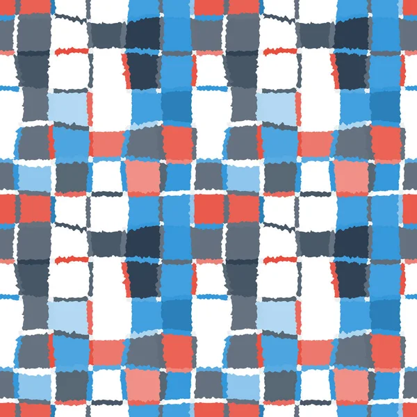 Naadloze geometrische mozaïek gecontroleerd patroon. Achtergrond van geweven rechthoeken en vierkanten. Patchwork, keramische, tegel textuur. Blauwe, grijze, rode, witte kleuren. Vector — Stockvector