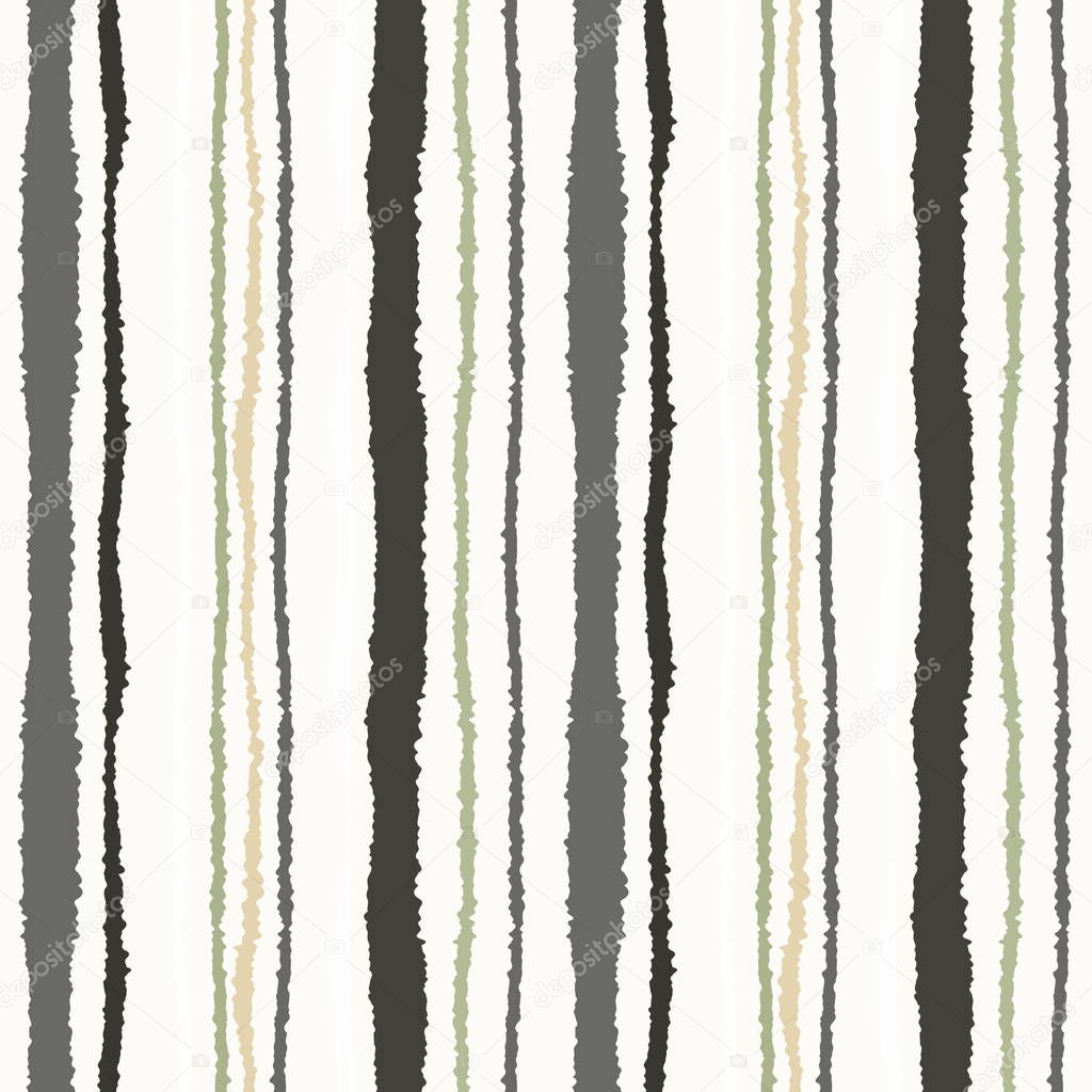Seamless strip pattern. Vertical lines with torn paper effect. Shred edge texture. Olive, gray, cream colors on white background. Winter theme. Vector