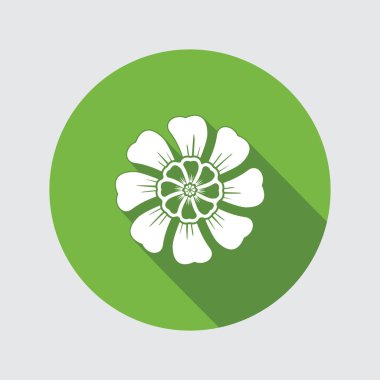 Çiçek simgesi. Papatya, aster, daisy, krizantem. Yaz, sonbahar çiçek sembolü. Yuvarlak düz işareti uzun gölge ile. İzole vektör.