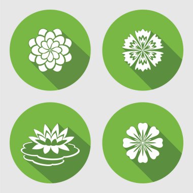 Çiçek Icons set. Lily, nilüfer, papatya, mavi haşhaş, daisy, gowan. Çiçek sembolleri. Yuvarlak daire düz işareti uzun gölge ile. Vektör