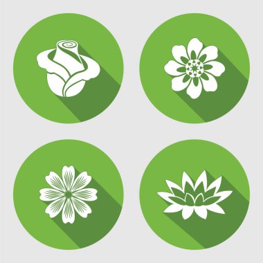 Çiçek Icons set. Gül, papatya, mavi haşhaş daisy gowan lily. Çiçek sembolleri. Yuvarlak daire düz işareti uzun gölge ile. Vektör