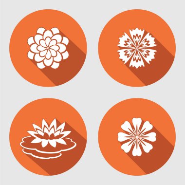Çiçek Icons set. Lily, papatya, mavi haşhaş, daisy, gowan. Çiçek sembolleri. Yuvarlak daire düz işareti uzun gölge ile. Vektör