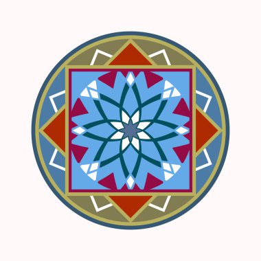 Mandala dövme simgesi. Geometrik yuvarlak stilize süs. Uyum, şans, sonsuzluk simgesi. Zeytin, kırmızı, mavi renkli. Vektör