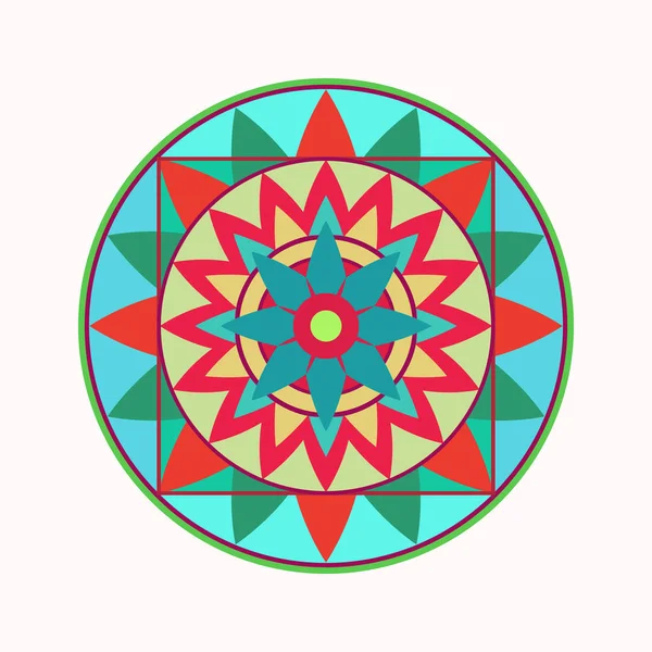 Icono del tatuaje Mandala. Adorno geométrico redondo estilizado. Armonía, suerte, símbolo infinito. Azul, rojo, amarillo. Vector — Archivo Imágenes Vectoriales