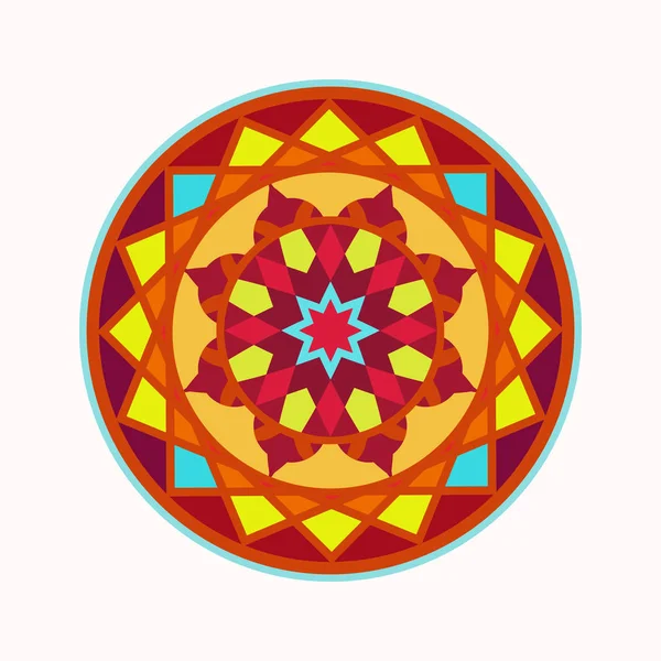 Icono del tatuaje Mandala. Adorno geométrico redondo estilizado. Armonía, suerte, símbolo infinito. Rojo, amarillo, azul, marrón. Vector — Vector de stock