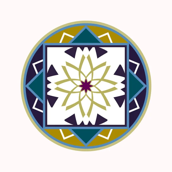 Icono del tatuaje Mandala. Adorno geométrico redondo estilizado. Armonía, suerte, símbolo infinito. Violeta, verde, blanco. Vector — Archivo Imágenes Vectoriales