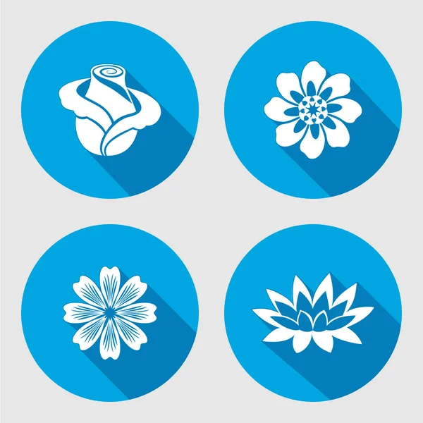 Bloem pictogrammen instellen. Rose, kamille, blauwe papaver, daisy, gowan, lily, waterlily. Floral symbolen. Ronde cirkel plat bord met lange schaduw. Vector — Stockvector