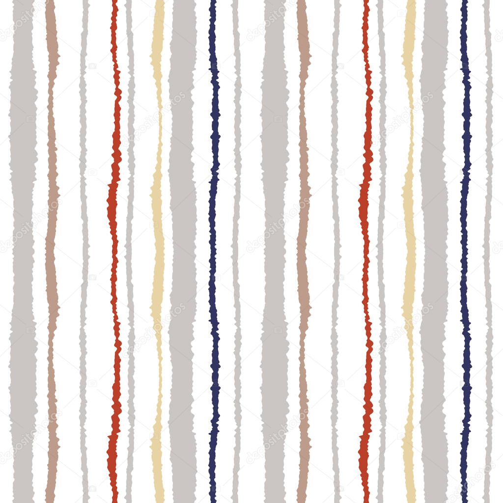 Seamless strip pattern. Vertical lines with torn paper effect. Shred edge texture. Gray, orange on white colored background. Vector