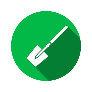 Aracı simgesi. Maça, enstrüman kürek. İş, iş, emek, zahmet, onarım, vasıfsız, Bina sembolü. Beyaz yuvarlak yeşil düğmeye uzun gölge ile oturum. İzole vektör