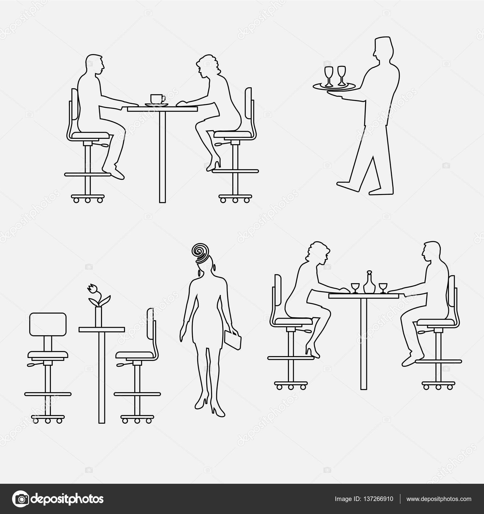 Insieme architettonico di mobili con le persone. uomo di seduta ... Dimensioni tavoli ristorante