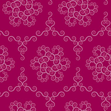 Sorunsuz dantel modeli. Vintage girdap doku. Sarmal çiçek kar taneleri. Defne yaprakları süsü twist. Koyu pembe, gül renkli arka plan üzerinde ışık. Vektör