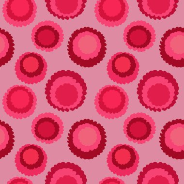 Sorunsuz polka dot, rengarenk doku. Soyut sivilceli desen. Yırtık kağıt etkisi olan daireler. Kırmızı, pembe renkli. Mısır gevreği Tema. Vektör