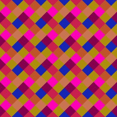 Seamless geometrik kontrol modeli. Çapraz kare, örgü, dokuma satır arkaplanı. Patchwork, rhombus, sendeleyerek doku. Bebeğim, festival, palyaço, tatil renkler. Vektör