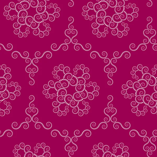 Nahtloses Spitzenmuster. Vintage Swirl Textur. spiralförmige florale Schneeflocken. Ornament aus Lorbeerblättern verdrehen. Licht auf dunklem Magenta, rosafarbener Hintergrund. Vektor — Stockvektor