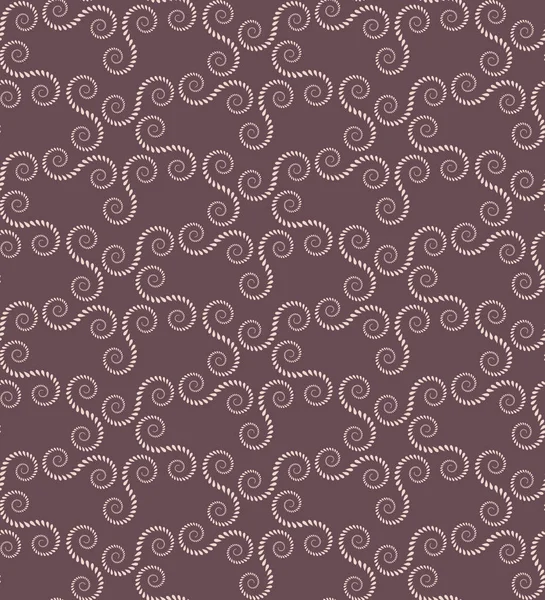 Spiralnahtloses Spitzenmuster. Vintage abstrakte Textur. Volutierte, wirbelnde Figuren aus Lorbeerblättern. brauner, beiger, kontrastfarbener Hintergrund. Vektor — Stockvektor