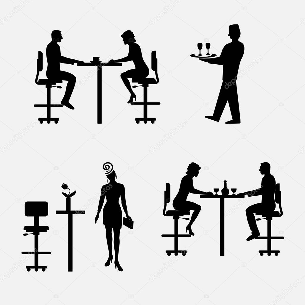 Architectural set of furniture with people. Sitting man, woman. Front view. Interiors elements for restaurant, bar, cafe, premises. Table, chair. Standard size. Vector