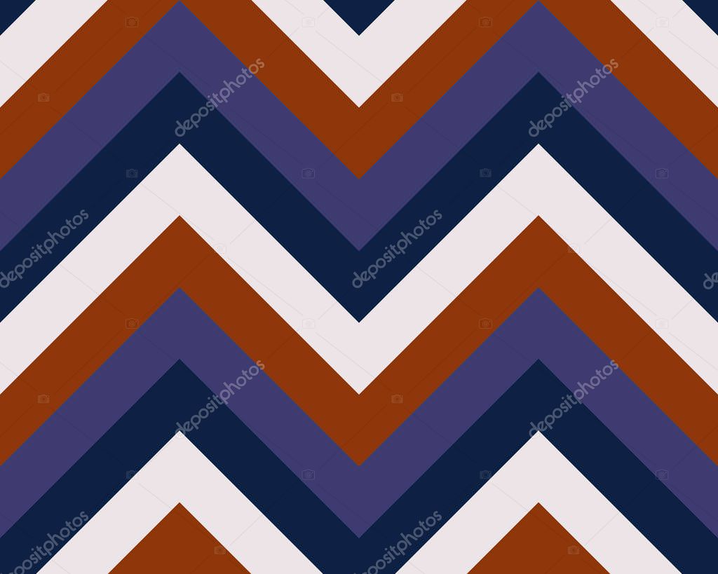 Striped, zigzagging seamless pattern. Zig-zag line texture. Stripy geometric background. Orange, blue, white contrast colored. Vector