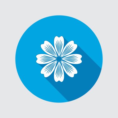 Çiçek simgesi. Papatya, aster, daisy, krizantem. Bahar, yaz, çiçek şifalı otlar sembolü. Yuvarlak daire düz işareti uzun gölge ile. Vektör