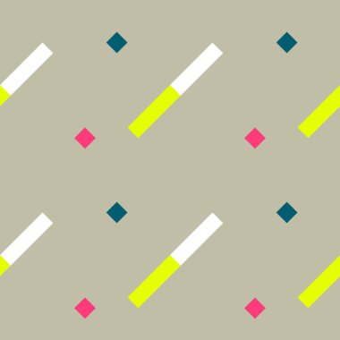 Kesintisiz geometrik çizgili desen. Doku çapraz şeritler. Beyaz, sarı, pembe, mavi dikdörtgenler ve kareler bej renkli arka plan üzerinde. Bebeğim, renkli çocuk. Vektör