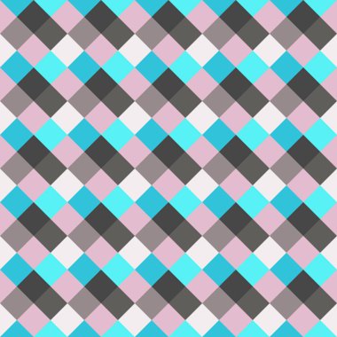 Seamless geometrik kontrol modeli. Çapraz kare dokuma satır arkaplanı. Rhombus, patchwork doku. Mavi, gri, gül, deniz, yumuşak renkli. Vektör