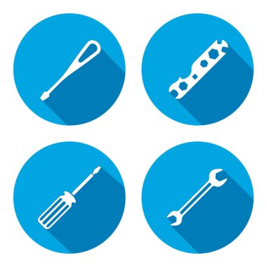 Aracı simgesi. Somun anahtarı, somun anahtarı, tornavida, turnscrew alet. Sanayi, tamir, onarım, servis sembolü. Beyaz yuvarlak düz butonuna imzala. Vektör