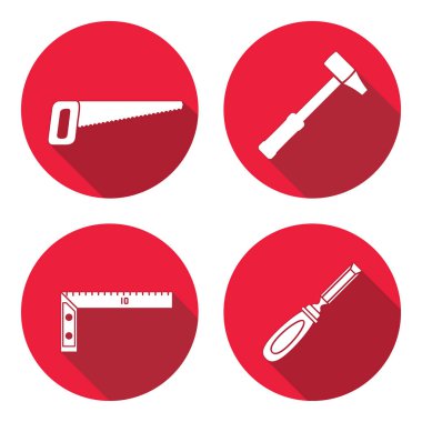 Aracı Icons set. Testere, çekiç, keski, açı. Onarım, ölçme aleti, düzeltme iş sembolü marangoz. Yuvarlak daire uzun gölge ile düz simgesi. Vektör