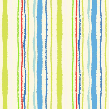 Sorunsuz şerit deseni. Dikey çizgiler yırtık kağıt etkisi ile. Kenar doku bile olmamalı. Beyaz, mavi, zeytin, kırmızı renkli arka plan. Bahar Tema. Vektör