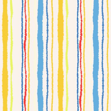 Sorunsuz şerit deseni. Dikey çizgiler yırtık kağıt etkisi ile. Kenar doku bile olmamalı. Mavi, sarı, beyaz, pembe renkli arka plan. Bahar Tema. Vektör