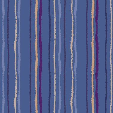 Sorunsuz şerit deseni. Dikey çizgiler yırtık kağıt etkisi ile. Kenar doku bile olmamalı. Mavi, gri, bej, mor kontrast arka plan renkli. Vektör
