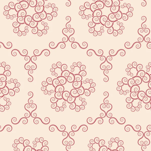 Problemfri blonder mønster. Vintage hvirvlende tekstur. Spiral blomster snefnug. Twist ornament af laurbærblade. Mørkerød på lys rosa baggrund. Vektor – Stock-vektor