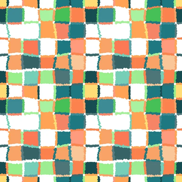 シームレスな幾何学的なモザイク パターンをチェックしました。不織布の長方形や正方形の背景。パッチワーク、セラミック、タイルのテクスチャ。オレンジ、緑、白の色。ベクトル — ストックベクタ