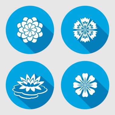 Çiçek Icons set. Lily, nilüfer, papatya, mavi haşhaş, daisy, gowan. Çiçek sembolleri. Yuvarlak daire düz işareti uzun gölge ile. Vektör