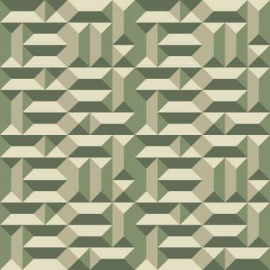 Kusursuz geometrik mimari desen. Dikdörtgen ve kare piramitlerle dışbükey metalik doku. Gri, yeşil, bakır rengi arka plan. Vektör