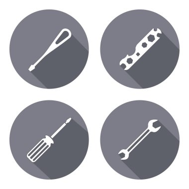 Aracı simgesi. Somun anahtarı, somun anahtarı, tornavida, turnscrew alet. Sanayi, tamir, onarım, servis sembolü. Beyaz yuvarlak düz butonuna imzala. Vektör  